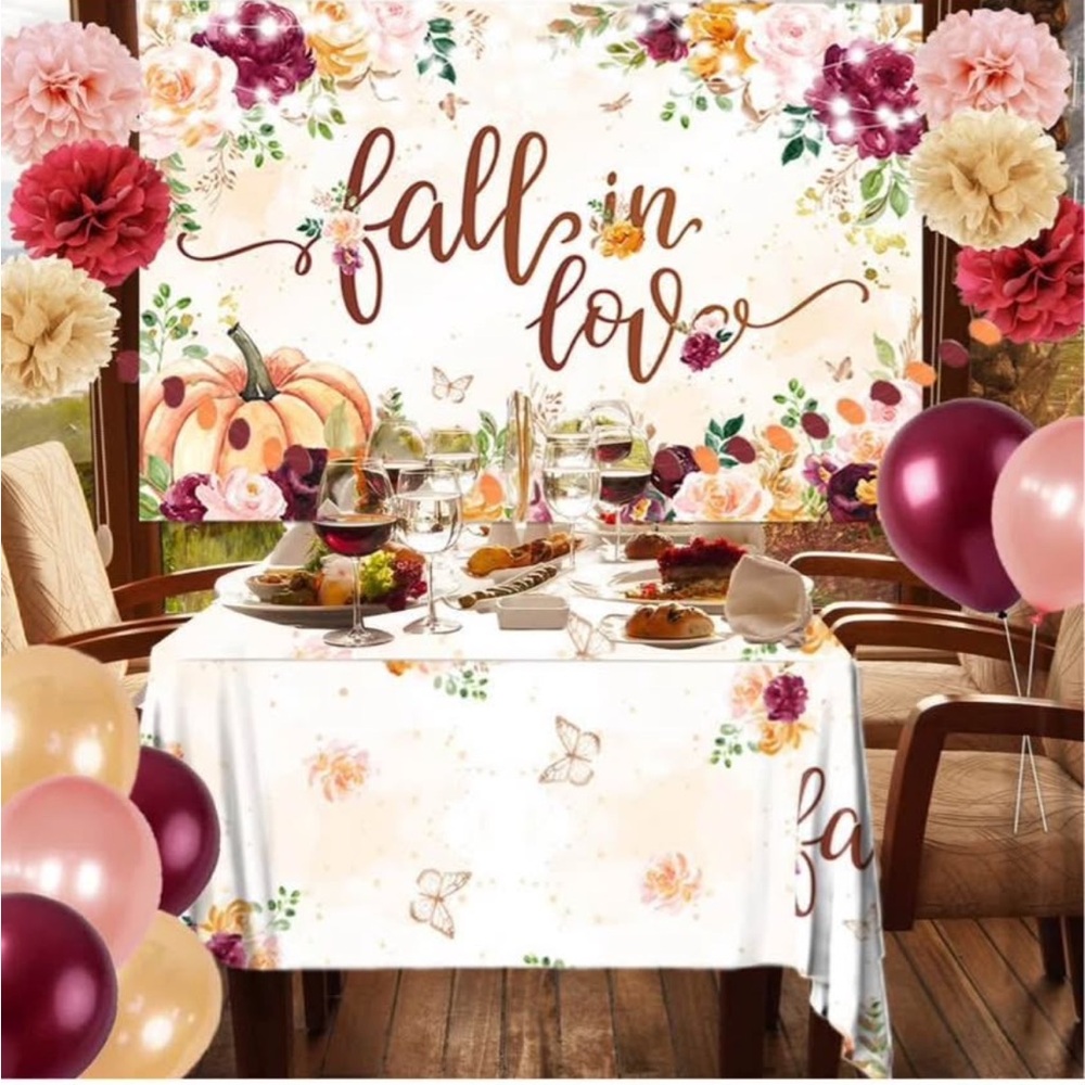 Floral Fall in Love Party Backdrop and Tablecloth Set